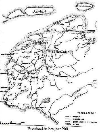 Oude kaart van Friesland waarop de Middelzee te zien is.